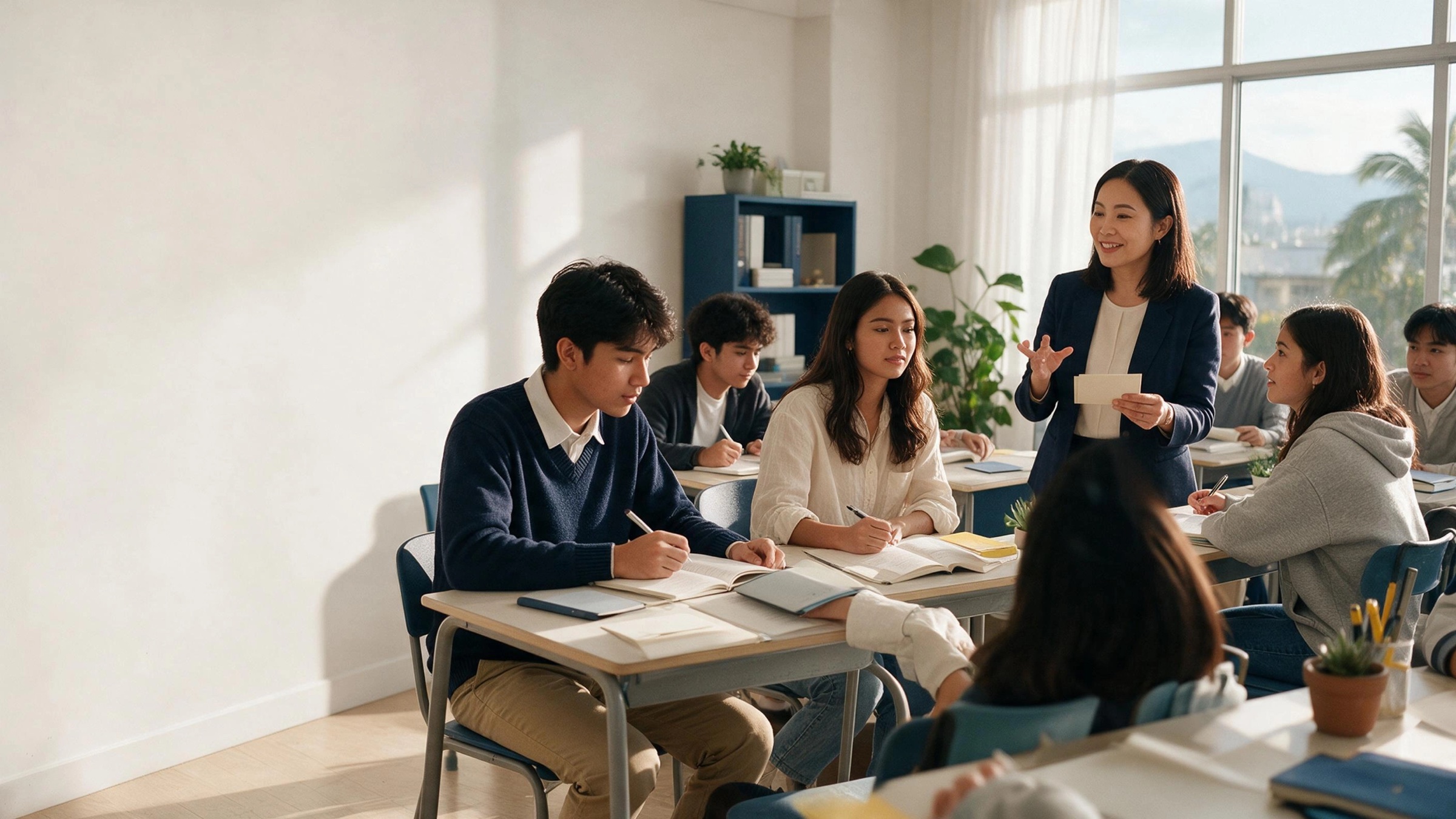 宿霧華語學苑教師與學生在明亮教室中互動學習